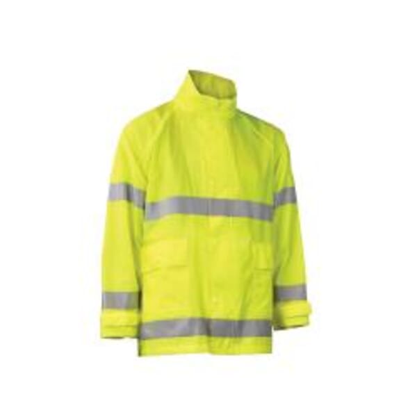 Radians Rain Jacket, Hi-Viz Yellow/Lime, 0.2 mm PVC/Nylon, Resists: Water, ANSI/ISEA 107-2015 Class 3, SE D6413, Detachable Hood