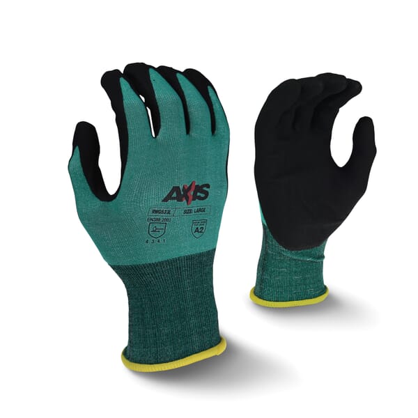 Radians AXIS Cut-Resistant Gloves, Sandy Foam Nitrile Coating, 18 ga HPPE, Seamless Cuff, Resists: Abrasion, Cut, Tear and Puncture, ANSI Cut-Resistance Level: A2, ANSI Puncture-Resistance Level: 2