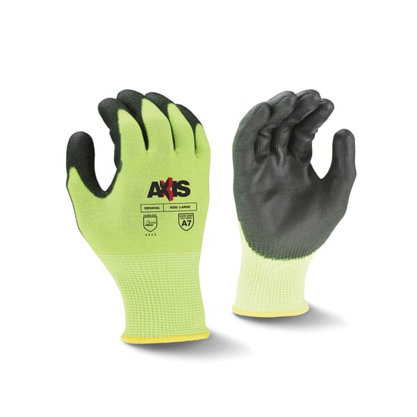 Radians AXIS Cut-Resistant Gloves, Polyurethane Coating, 13 ga HPPE With Fiberglass/Stainless Steel, Seamless Cuff, Resists: Abrasion, Cut, Tear and Puncture, ANSI Cut-Resistance Level: A7, ANSI Puncture-Resistance Level: 4