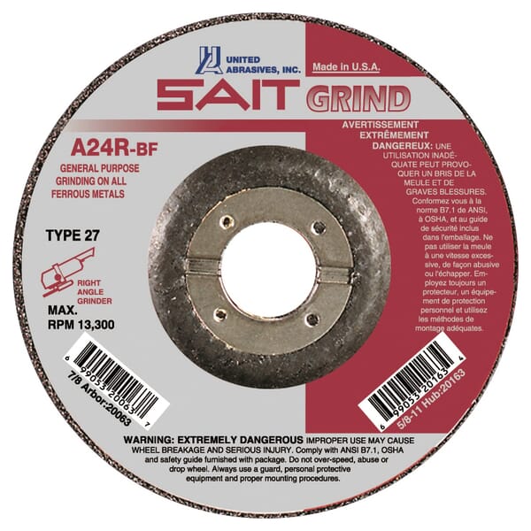 SAIT 20063 General Purpose Depressed Center Wheel, 4-1/2 in Dia x 1/4 in THK, 7/8 in Center Hole, 24 Grit, Aluminum Oxide Abrasive