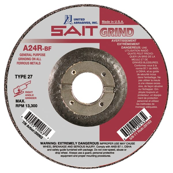 United Abrasives-SAIT 20063 General Purpose Depressed Center Wheel, 4-1/2 in Dia x 1/4 in THK, 7/8 in Center Hole, 24 Grit, Aluminum Oxide Abrasive