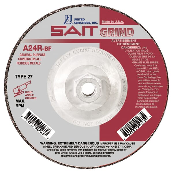 SAIT 20163 General Purpose Depressed Center Wheel, 4-1/2 in Dia x 1/4 in THK, 24 Grit, Aluminum Oxide Abrasive