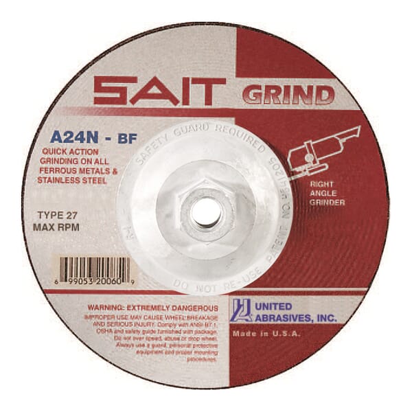 United Abrasives-SAIT 20160 General Purpose Depressed Center Wheel, 4-1/2 in Dia x 1/4 in THK, 24 Grit, Aluminum Oxide Abrasive