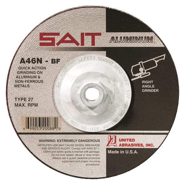 SAIT 20088 Depressed Center Wheel, 7 in Dia x 1/4 in THK, 46 Grit, Aluminum Oxide Abrasive