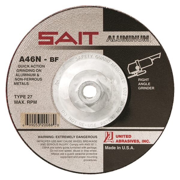 United Abrasives-SAIT 20088 Depressed Center Wheel, 7 in Dia x 1/4 in THK, 46 Grit, Aluminum Oxide Abrasive