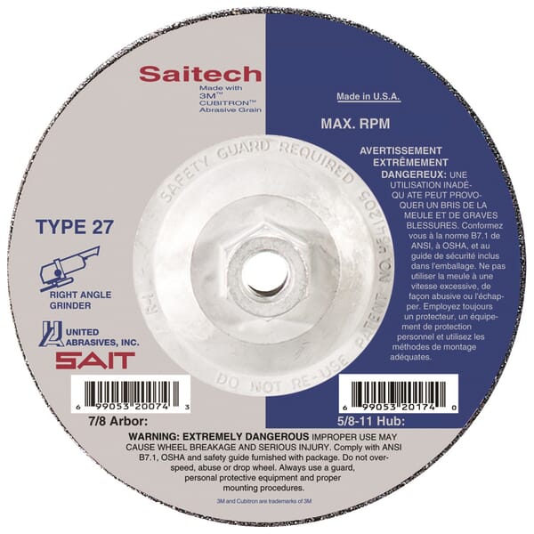 SAIT Saitech Ultimate Performance 20164 High Performance Depressed Center Wheel, 4-1/2 in Dia x 1/4 in THK, 24 Grit, Ceramic Alumina Oxide Abrasive