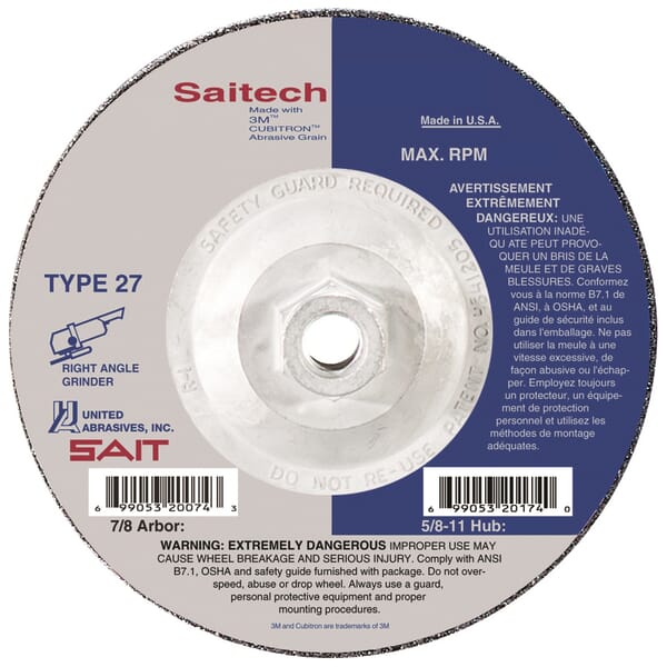 United Abrasives-SAIT Saitech Ultimate Performance 20164 High Performance Depressed Center Wheel, 4-1/2 in Dia x 1/4 in THK, 24 Grit, Ceramic Alumina Oxide Abrasive