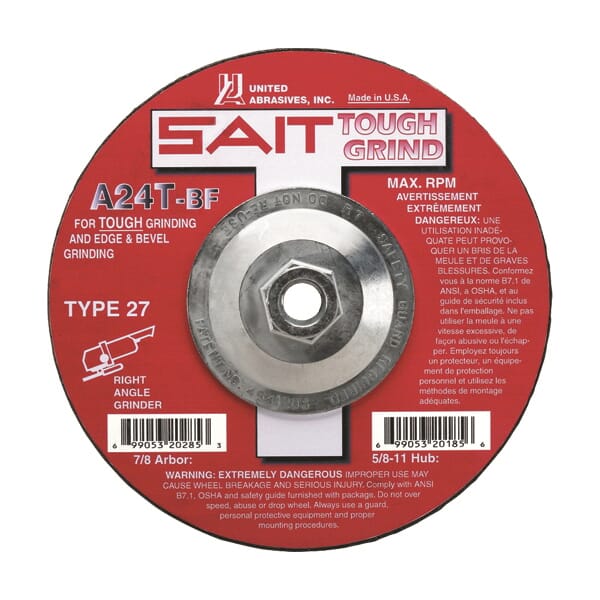 SAIT 20165 General Purpose Tough Grind Depressed Center Wheel, 4-1/2 in Dia x 1/4 in THK, 24 Grit, Aluminum Oxide Abrasive