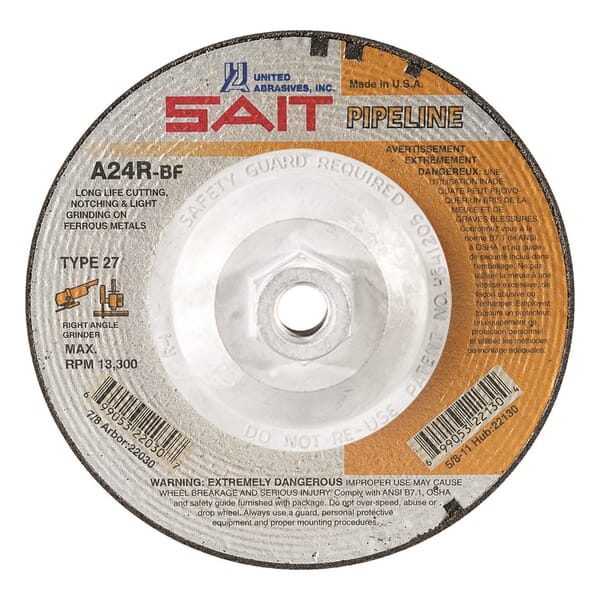 SAIT 22130 High Performance Pipeline Depressed Center Wheel, 4-1/2 in Dia x 1/8 in THK, 24 Grit, Aluminum Oxide Abrasive