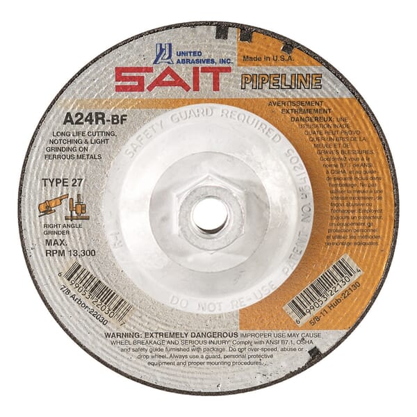 United Abrasives-SAIT 22130 High Performance Pipeline Depressed Center Wheel, 4-1/2 in Dia x 1/8 in THK, 24 Grit, Aluminum Oxide Abrasive