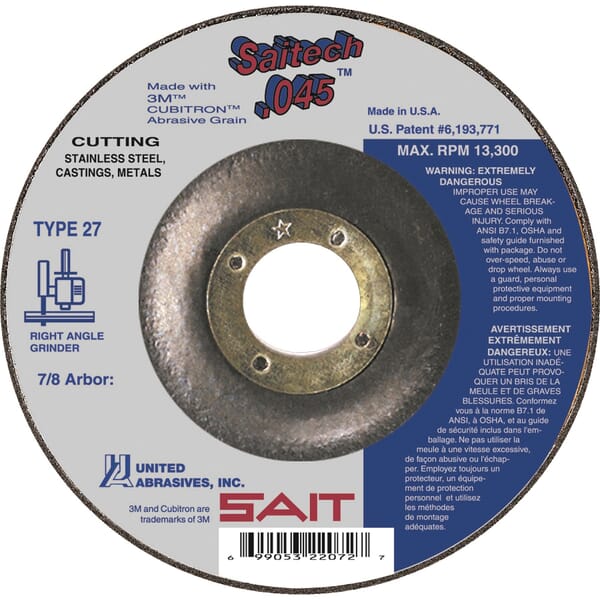 SAIT Saitech 22072 High Performance Depressed Center Wheel, 4-1/2 in Dia x 0.045 in THK, 7/8 in Center Hole, 36 Grit, Ceramic Alumina Oxide Abrasive