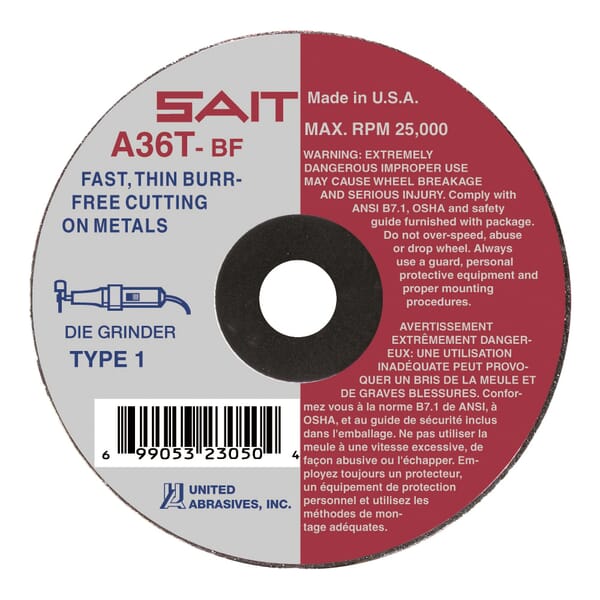 United Abrasives-SAIT 23065 Thin High Speed Cut-Off Wheel, 4 in Dia x 1/16 in THK, 3/8 in Center Hole, A36T Grit, Aluminum Oxide Abrasive