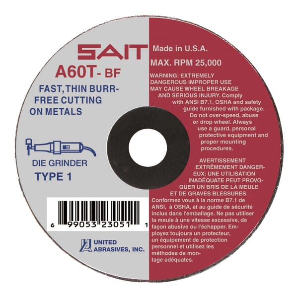 United Abrasives-SAIT 23066 Thin High Speed Cut-Off Wheel, 4 in Dia x 1/16 in THK, 3/8 in Center Hole, A60T Grit, Aluminum Oxide Abrasive
