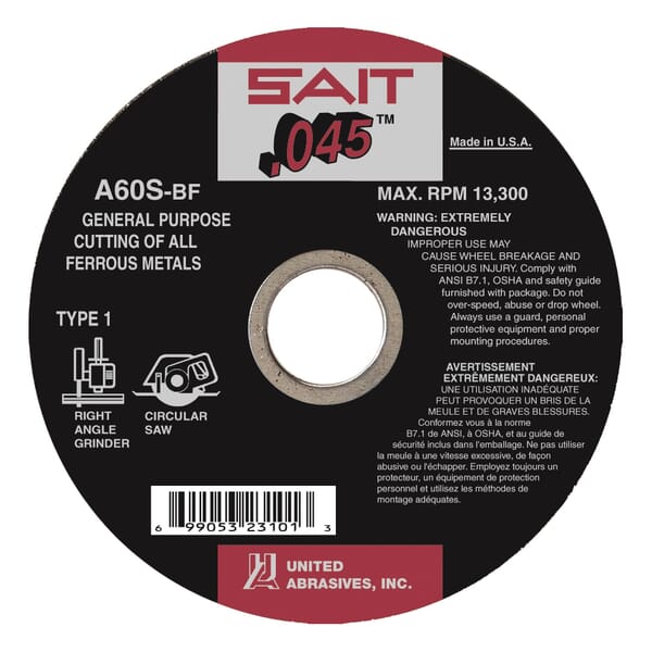 United Abrasives-SAIT 23101 Thin High Speed Cut-Off Wheel, 4-1/2 in Dia x 0.045 in THK, 7/8 in Center Hole, A60S Grit, Aluminum Oxide Abrasive