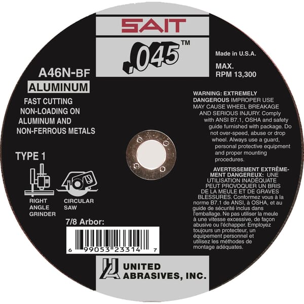 SAIT 23314 Thin High Speed Cut-Off Wheel, 4-1/2 in Dia x 0.045 in THK, 7/8 in Center Hole, A46N Grit, Aluminum Oxide Abrasive
