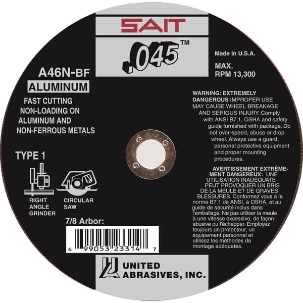 United Abrasives-SAIT 23314 Thin High Speed Cut-Off Wheel, 4-1/2 in Dia x 0.045 in THK, 7/8 in Center Hole, A46N Grit, Aluminum Oxide Abrasive
