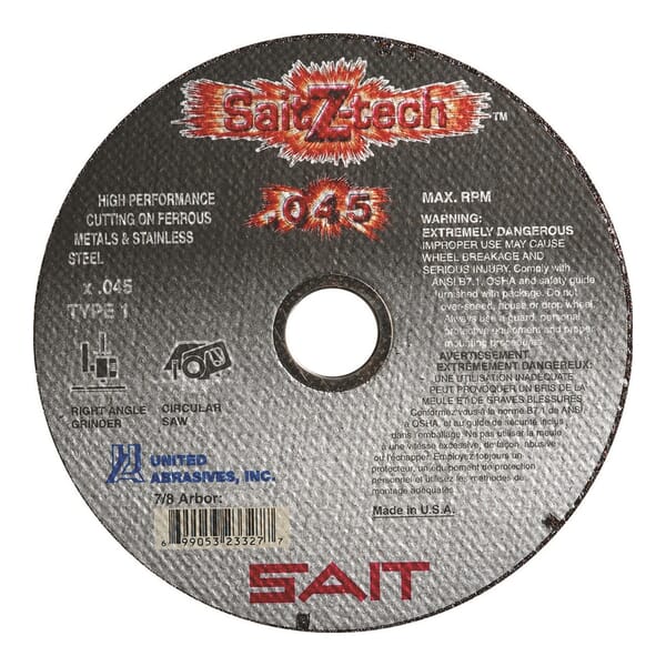 SAIT SaitZ-Tech 23327 High Performance Thin High Speed Cut-Off Wheel, 6 in Dia x 0.045 in THK, 7/8 in Center Hole, 36 Grit, Zirconia Alumina Abrasive