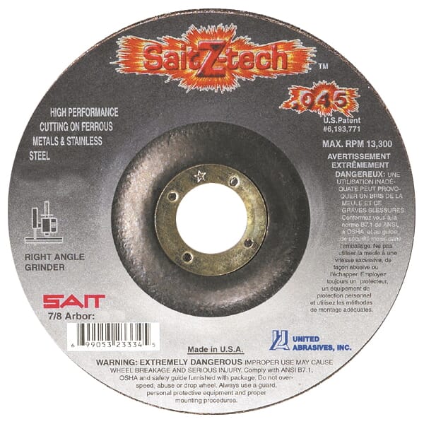 SAIT Sait Z-Tech 23334 High Performance Depressed Center Wheel, 4-1/2 in Dia x 0.045 in THK, 7/8 in Center Hole, 36 Grit, Zirconia Abrasive