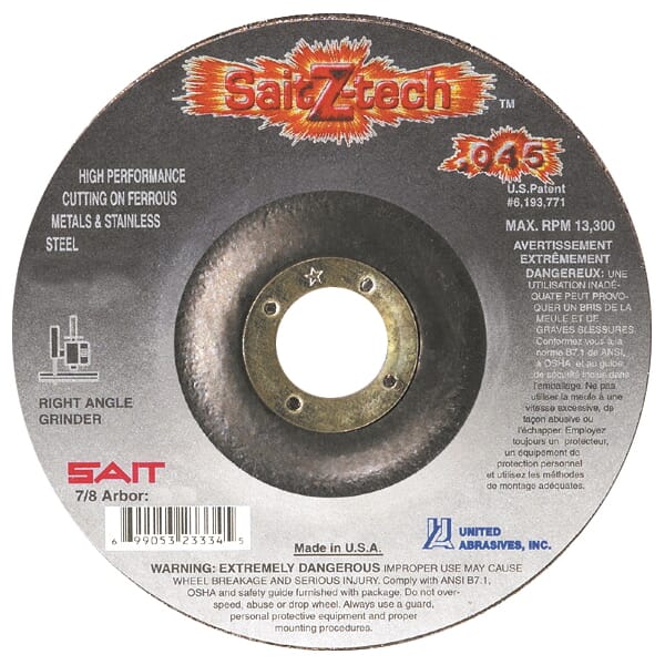 United Abrasives-SAIT Sait Z-Tech 23334 High Performance Depressed Center Wheel, 4-1/2 in Dia x 0.045 in THK, 7/8 in Center Hole, 36 Grit, Zirconia Abrasive