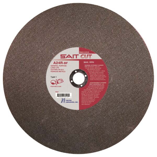 United Abrasives-SAIT 23410 Type 1 Burr Free Portable Saw Cut-Off Wheel, 12 in Dia x 1/8 in THK, 1 in Center Hole, A24R Grit, Aluminum Oxide Abrasive