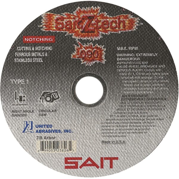 United Abrasives-SAIT SaitZ-Tech 23824 High Performance Thin High Speed Cut-Off Wheel, 4-1/2 in Dia x 0.09 in THK, 7/8 in Center Hole, 36 Grit, Zirconia Alumina Abrasive