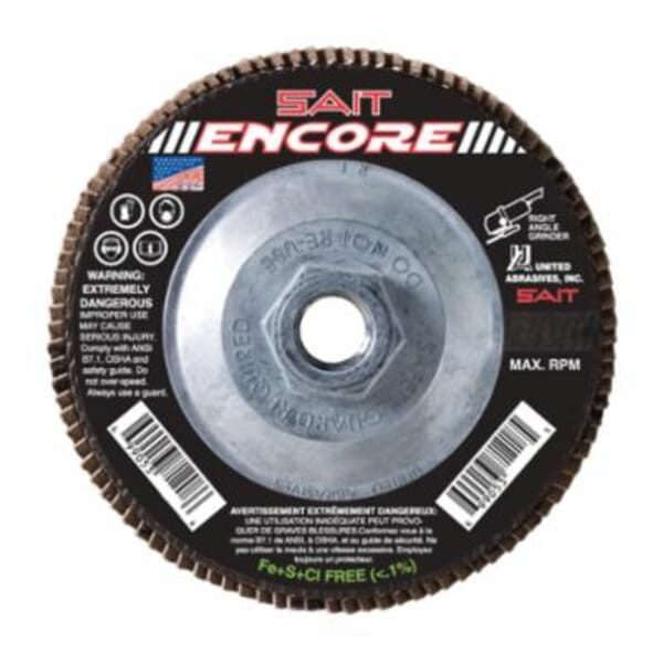 SAIT Encore 71219 Close High Performance Regular Density Coated Abrasive Flap Disc, 4-1/2 in Dia, 80 Grit, Medium Grade, Zirconia Alumina Abrasive, Type 27 Flat Disc