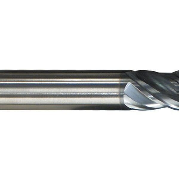 SGS 36508 Z-Carb Z16CR Center Cutting High Performance Positive Rake Single End Stub Length End Mill, 7/32 in Dia Cutter, 0.02 in Corner Radius, 3/8 in Length of Cut, 4 Flutes, 1/4 in Dia Shank, 2 in OAL, AlTiN Coated