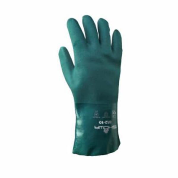 SHOWA 812M-09 Chemical-Resistant Gloves, M/SZ 9, PVC, Forest Green, Cotton Jersey Lining, 12 in L, Resists: Abrasion, Chemical and Oil, Supported Support, Gauntlet Cuff, 30 mil THK