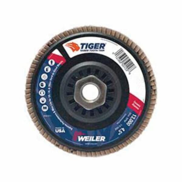 Tiger Ceramic 50119 Premium Trimmable Coated Abrasive Flap Disc, 4-1/2 in Dia Disc, 7/8 in Center Hole, 80 Grit, Medium Grade, Ceramic Alumina Abrasive, Type 29/Angled Disc