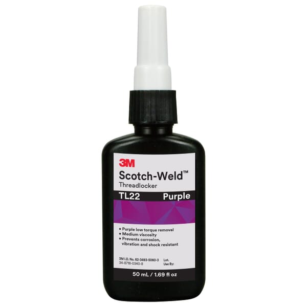 Scotch-Weld 7100039159 TL22 Anaerobic Threadlocker, 50 mL Bottle, Liquid Form, Purple