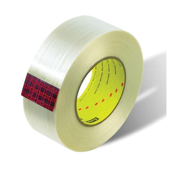 Scotch 7000124629 Reinforced Tape, 55 m L x 48 mm W, 8 mil THK, Fiberglass Yarn Filament, Modified Synthetic Rubber Adhesive, Polyester Film Backing, Clear