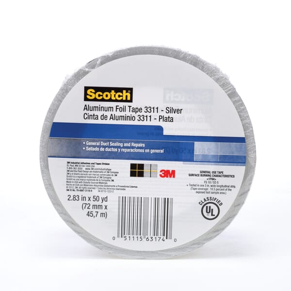 Scotch General Purpose Foil Tape, 3.6 mil THK, Paper Liner, Rubber Adhesive, Aluminum Foil Backing,ilver