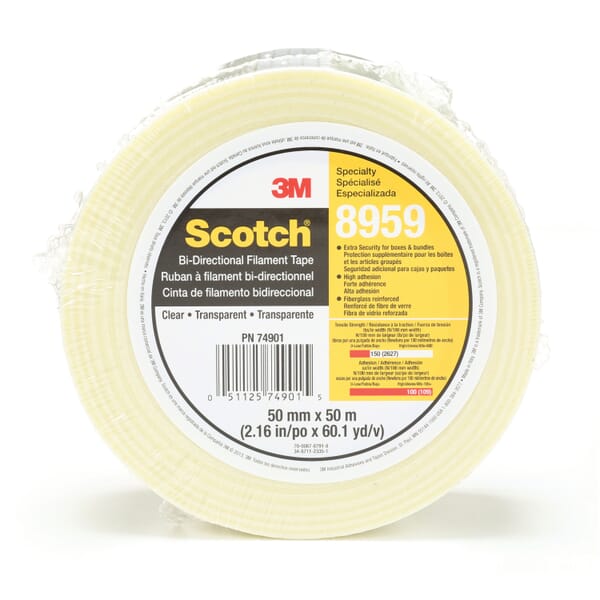Scotch Bi-Directional Filament Tape, 5.7 mil THK, Fiberglass Yarn Filament, Synthetic Rubber Adhesive, Clear