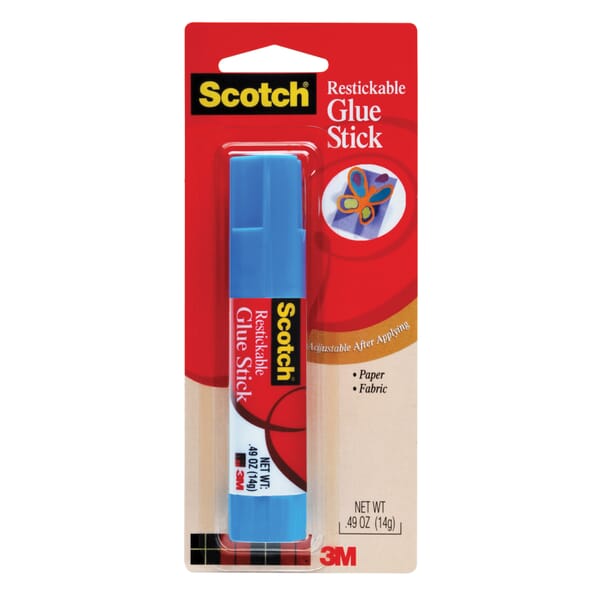 Scotch 7010416452 Restickable Glue Stick, 0.49 oz Container, Paste Form, White, Specific Gravity: 0.96