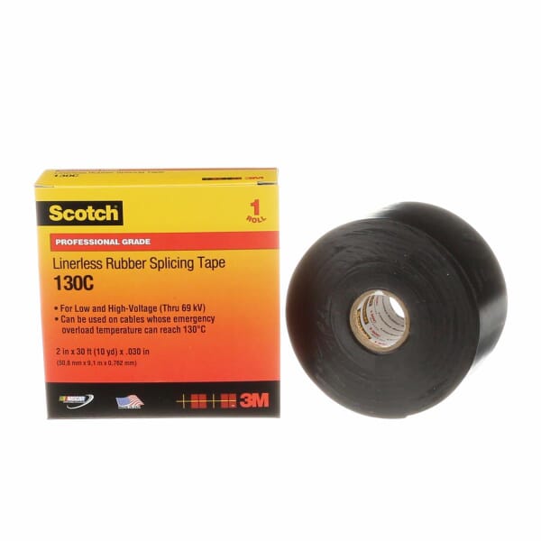 Scotch 7000006091 130C High Voltage Insulated Linerless Splicing Tape, 30 ft L 2 in W, 30 mil THK, Self-Fusing Ethylene Propylene Rubber Backing, Black