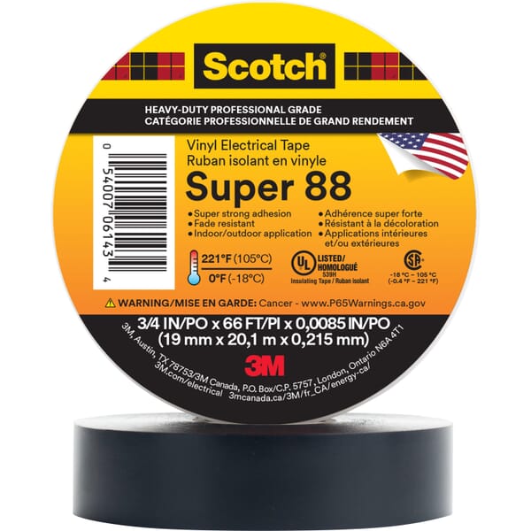 Scotch 7000006092 88 Electrical Maintenance Tape, 22 yd L 0.75 in W, 8.5 mil THK, Rubber Adhesive, PVC Backing, Black