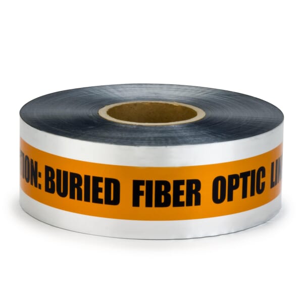 Scotch 7000133191 407-O Non-Adhesive Barricade Tape, Orange, 1000 ft L 3 in W, CAUTION BURIED FIBER OPTIC LINE BELOW Legend, Aluminum Foil