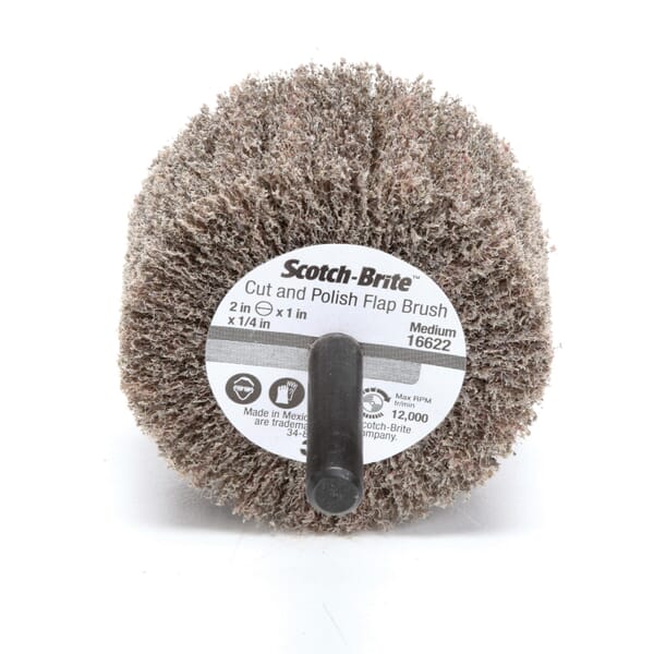 Scotch-Brite 7000121151 Flap Brush, 2 in Dia Wheel, 1 in W Face, 1/4 in Dia Shank, Medium Grade, Aluminum Oxide Abrasive