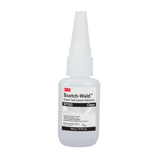 Scotch-Weld 7100039206 SF Series Super Fast Instant Adhesive, 20 gal Container Bottle Container, Clear, 24 hr at 72 deg F Curing