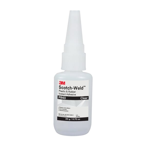 Scotch-Weld 7010330469 PR Series Ethyl Hybrid Base Instant Adhesive, 20 g Container Bottle Container, Clear, 24 hr at 72 deg F Curing