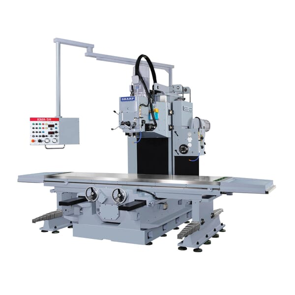 Sharp KMA-5H Bed Type Horizontal/Vertical Manual Milling Machine, 17.5 hp Vertical, 7.5 hp Horizontal, 220/440 V, 106.3 in L x 29.5 in W Table, 78-3/4 in Longitudinal Travel, NST #50 Spindle