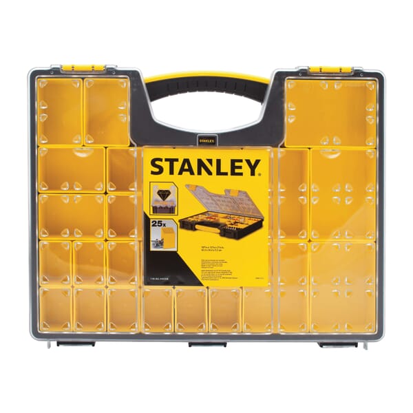 Stanley 014725R Professional Tool Organizer, 2-1/10 in H x 13-7/50 in W x 16.7 in D, 25 Pockets, ABS/Polypropylene Resin, Black/Clear/Yellow