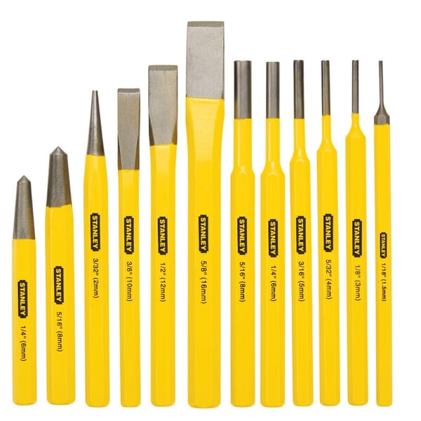 Stanley 16-299 Punch and Cold Chisel Set, Pin/Center/Starting/Cold Style, 3/8 to 5/8 in Chisel, 1/16 to 5/16 in Punch, 9 Punches, 3 Chisels, 12 Pieces