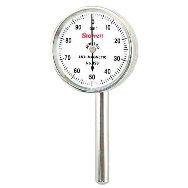 Starrett 196B6 196 Series Universal Back Plunger Dial Indicator, 0.2 in, 0 to 100 Dial Reading, 0.001 in, 1.45 in Dial