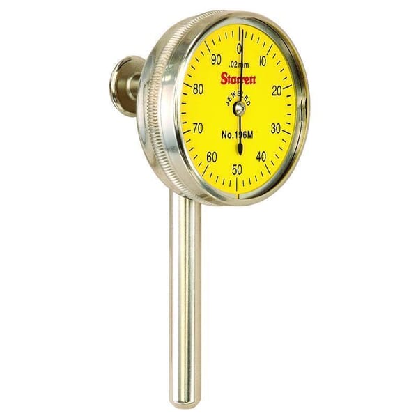 Starrett 196MB1 196 Series Universal Back Plunger Dial Indicator, 5 mm, 0 to 100 Dial Reading, 0.02 mm, 1.45 in Dial