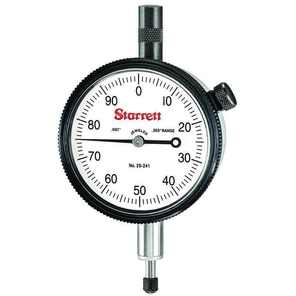 Starrett 25-241J 25 Series AGD Group 2 Continuous Dial Indicator, 1/4 in, 0 to 100 Dial Reading, 0.001 in, 2-1/4 in Dial, 3/16 in Dia Tip