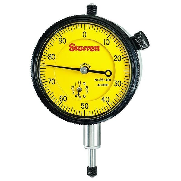 Starrett 25-481J 25 Series AGD Group 2 Continuous Dial Indicator, 10 mm, 0 to 100 Dial Reading, 0.01 mm, 2-1/4 in Dial, 13/64 in Dia Tip