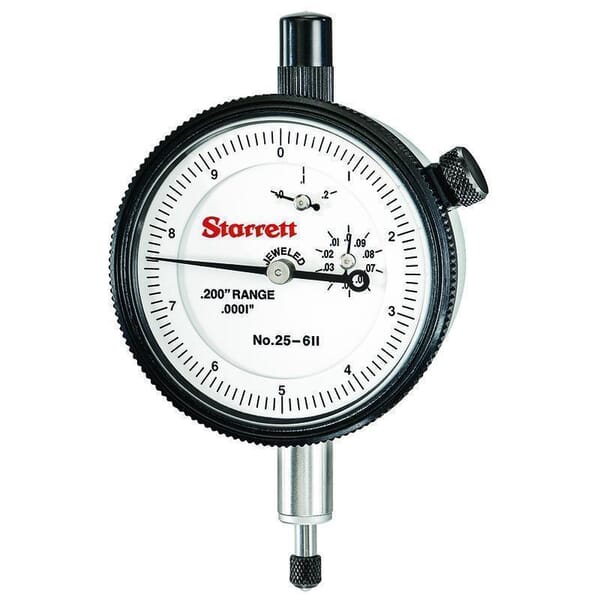 Starrett 25-611J 25 Series AGD Group 2 Continuous Dial Indicator, 0.2 in, 0 to 10 Dial Reading, 0.0001 in, 2-1/4 in Dial, 13/64 in Dia Tip