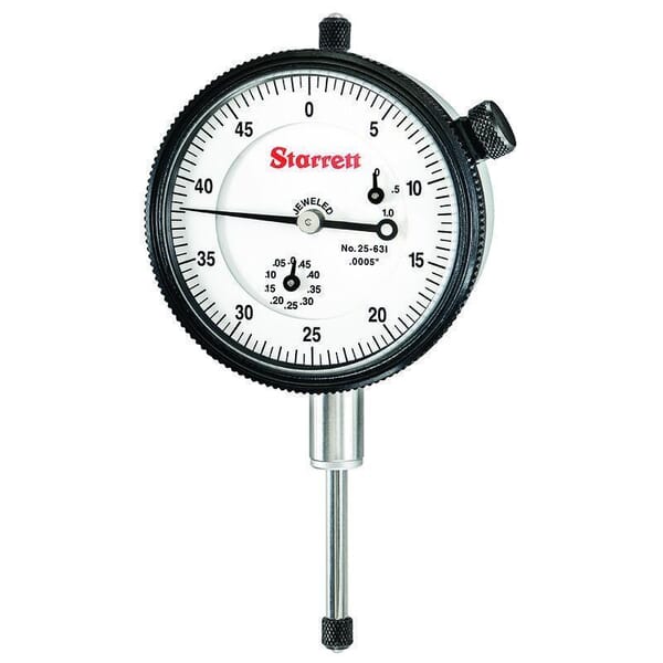 Starrett 25-631J 25 Series Dial Indicator, 1 in, 0 to 50 Dial Reading, 0.0005 in, 2-19/64 in Dial, 13/64 in Tip
