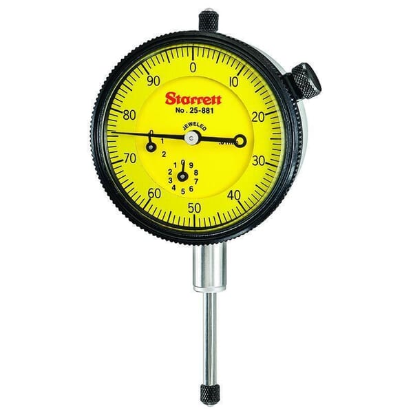 Starrett 25-881J 25 Series AGD Group 2 Continuous Dial Indicator, 25 mm, 0 to 100 Dial Reading, 0.01 mm, 2-1/4 in Dial, 13/64 in Dia Tip